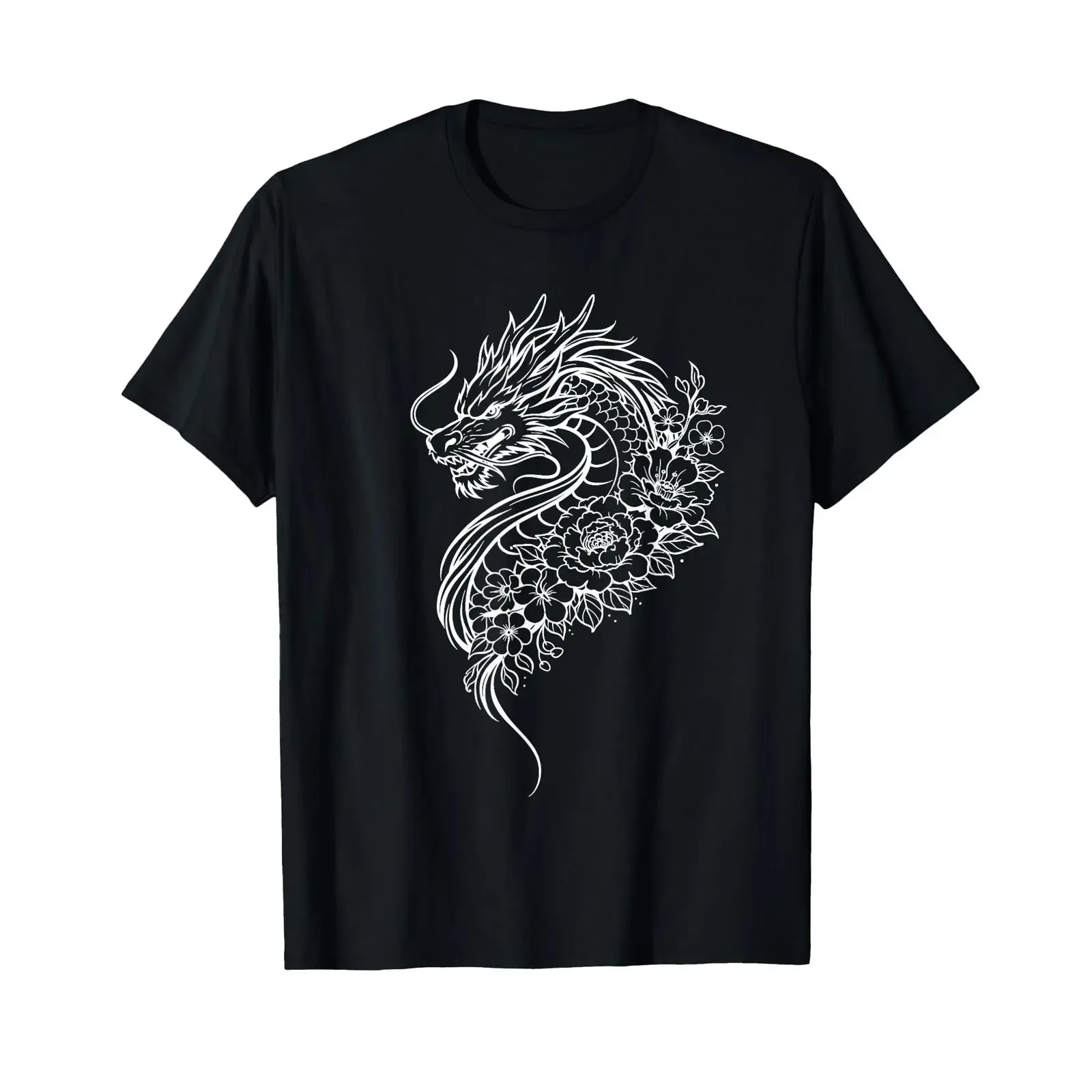 Dragon Flowers Line Art Minimalist White Splash T Shirt vintage Washed Slightly fashion streetwear Breathable Unisex Versatile