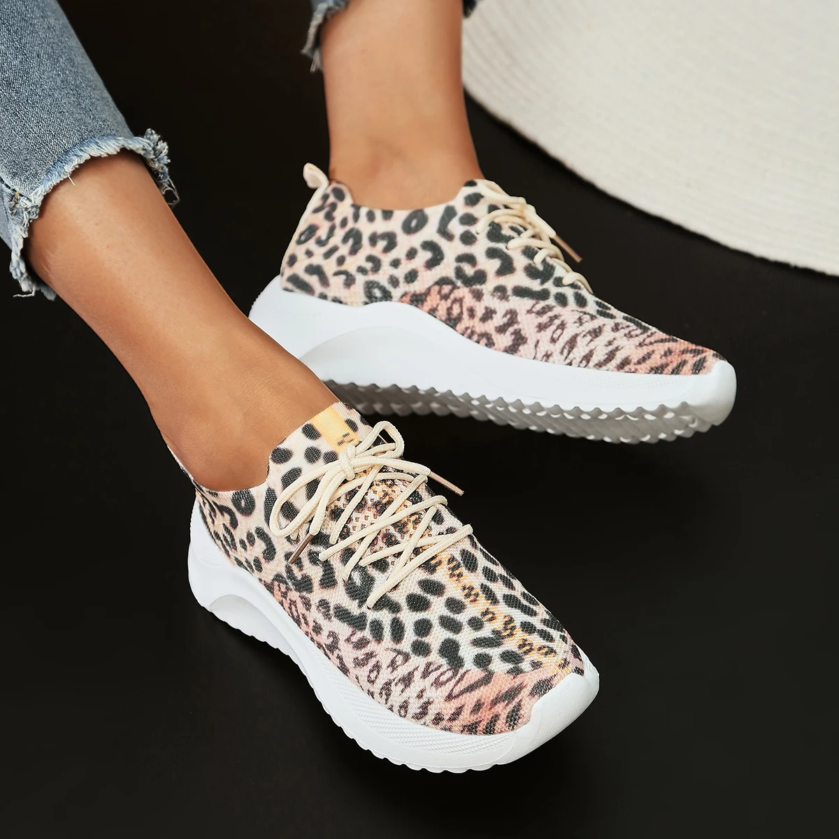 fashion leopard knitted sneakers women autumn 2023 comforatble slip on soft bottom casual shoes woman platform flats sneakers