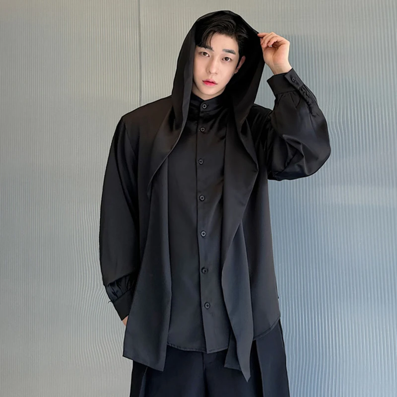 IEFB Korean Style Niche Shawl Hooded Shirt Men Loose Versatile Design Top 2024 Autumn New Stylish Male Multiple Wear Tops 9C7011