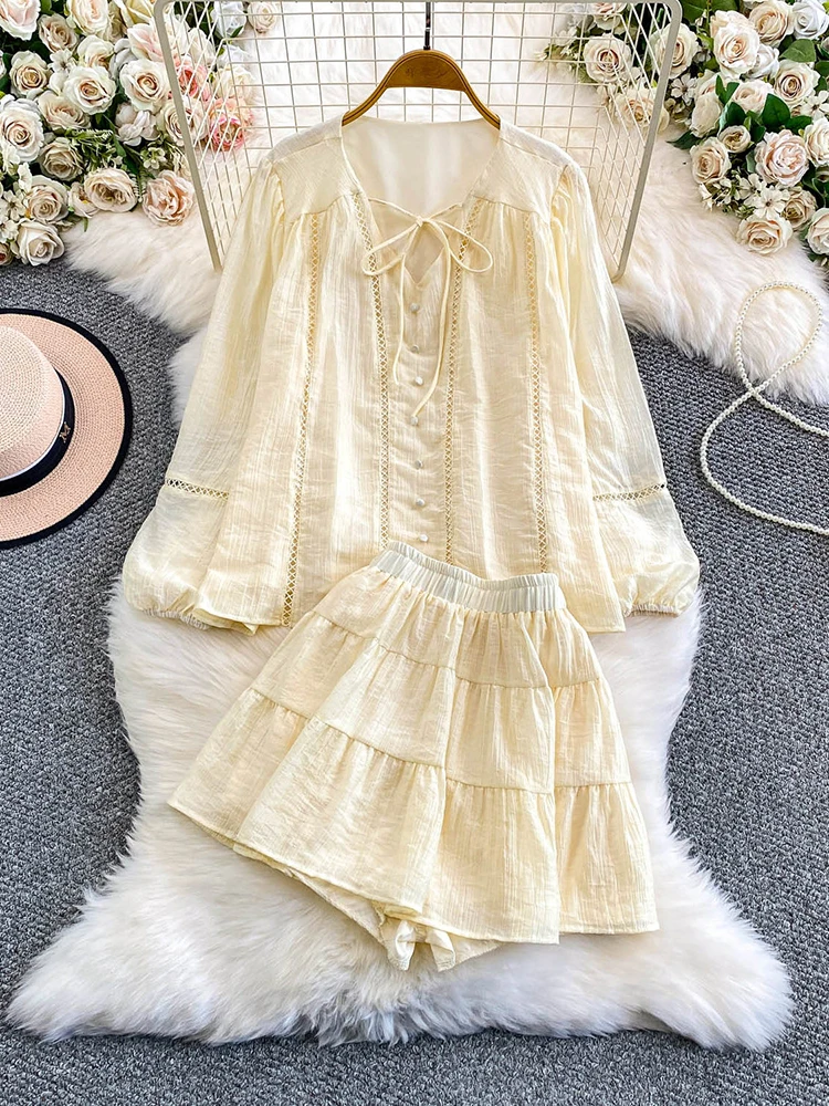 

Нежный стиль, ажурная кружевная лоскутная сексуальная рубашка с v-образным вырезом + антибликовая юбка-торт с рюшами, женский летний новый повседневный свободный комплект