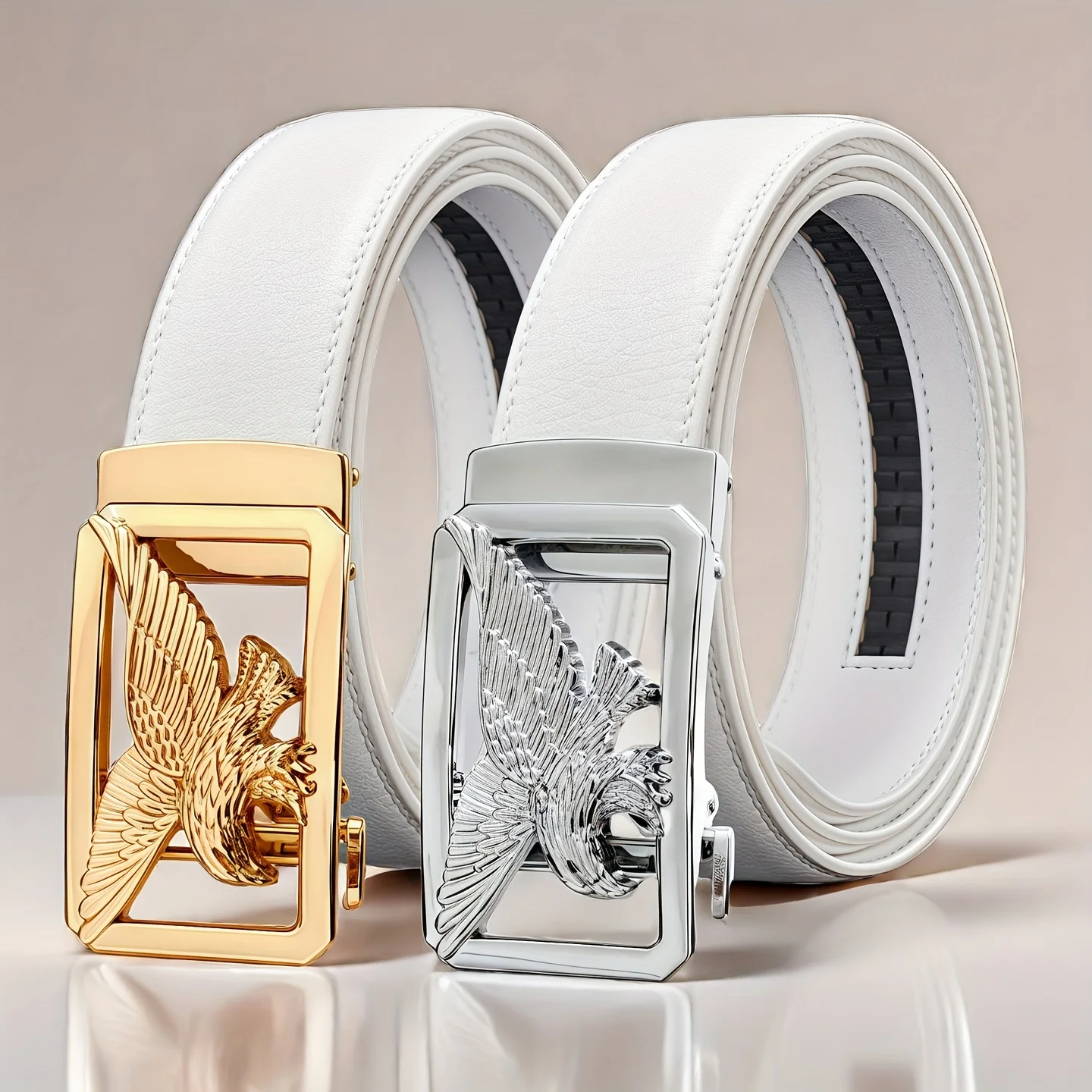 Men's White Automatic Buckle Belt with Golden-Tone Metallic Eagle Design - Stylish Faux Leather Business, Casual Belt for Men