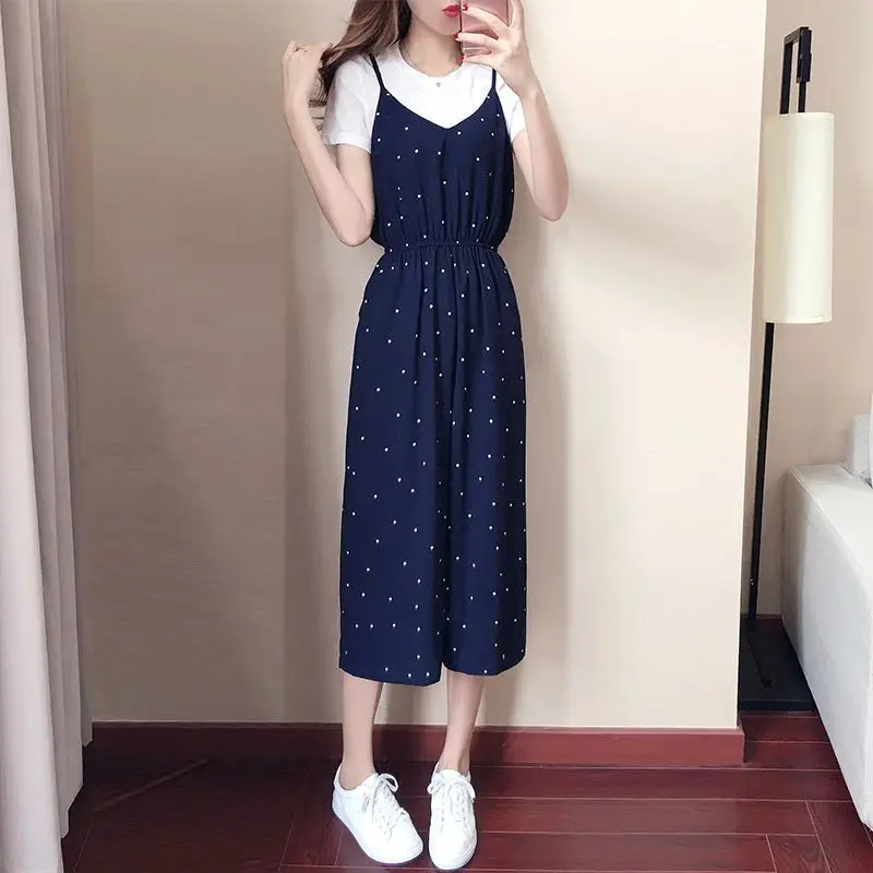 Ele Summer 2025 Salopette à bretelles en mousseline de soie pour femme coréenne Sle ample à pois pantalon une pièce à neuf points trajet mince polyester...