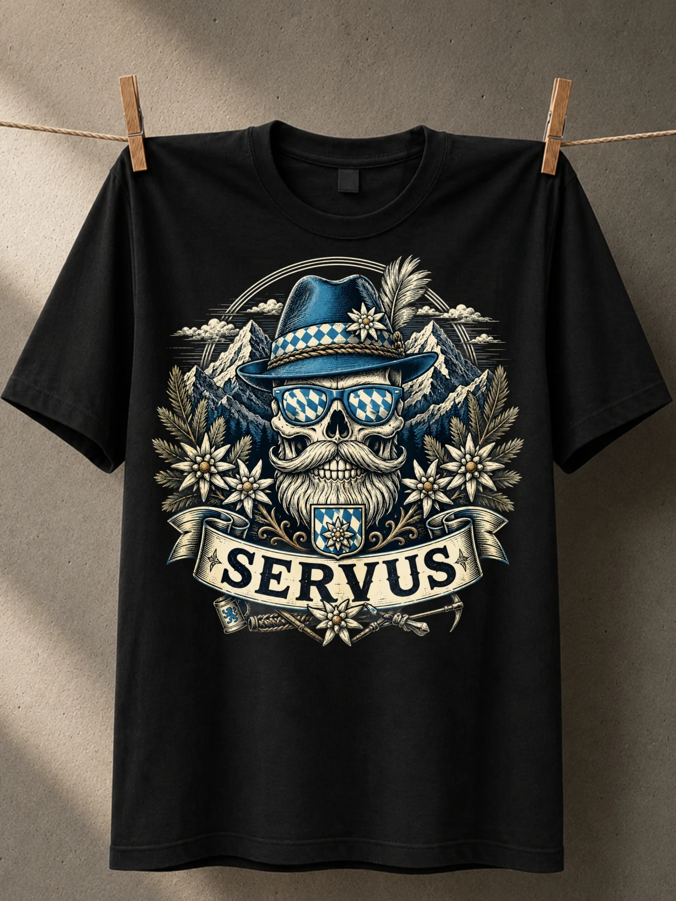 SERVUS blue Bavarian  portrait with mountain edelweiss flowers and crossed tools rustic Alpine  Unisex All T-Shirt