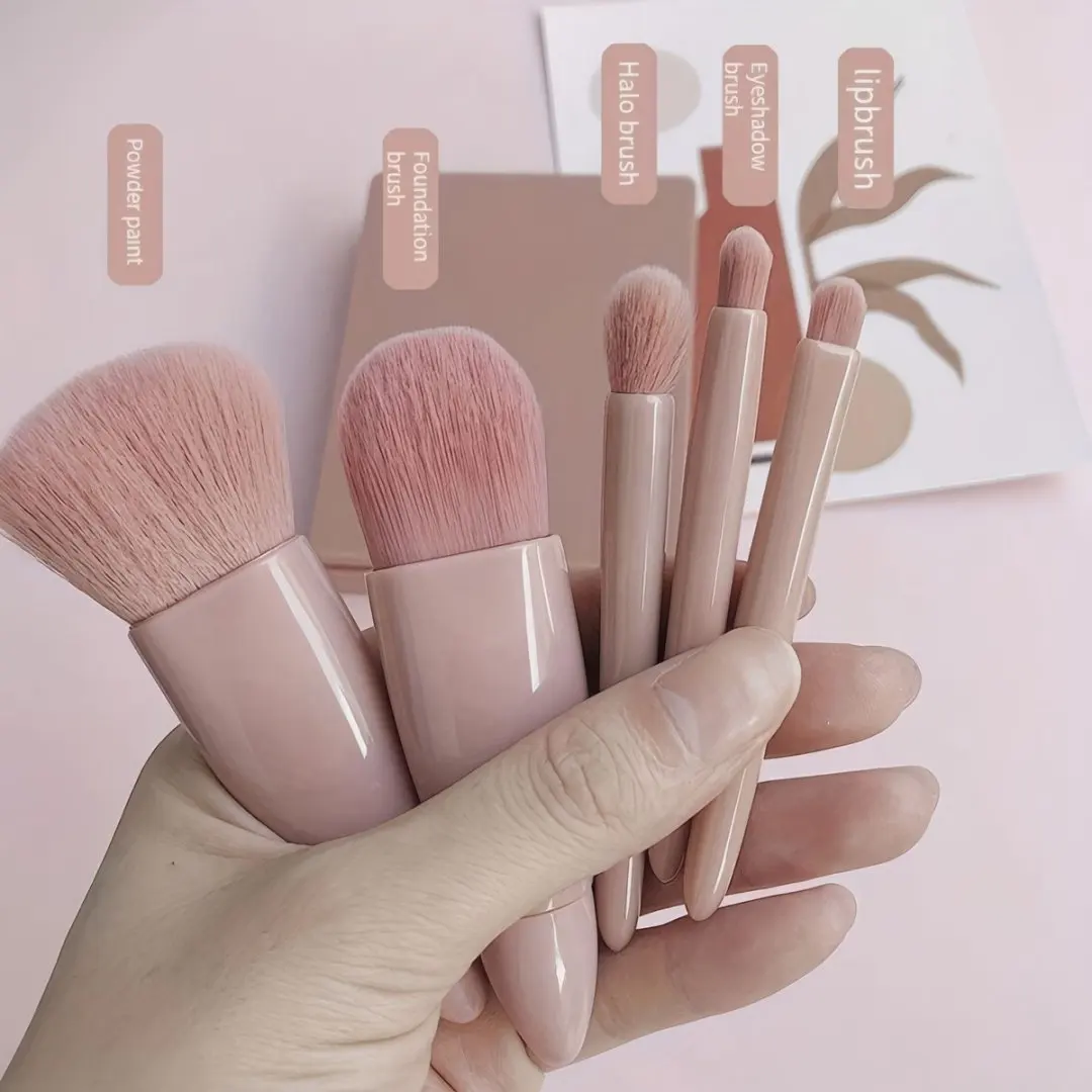 Mini Makeup Brush Set with Mirror, 5Pcs Soft Bristle Cosmetic Brushes, Portable Pink Beauty Tool for Blush Eyeshadow Foundation