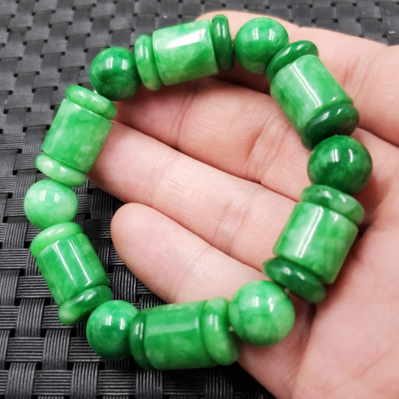 Jade , , bright green Lutong ,Emerald , barrel bead bracelet, hand cha