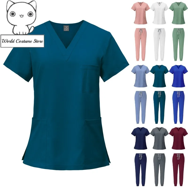 Costume multicolore pour infirmières, ensemble de vêtements cliniques médicaux, uniformes de médecin et de soins infirmiers, manches courtes, col en v, hauts et pantalons, vente en gros