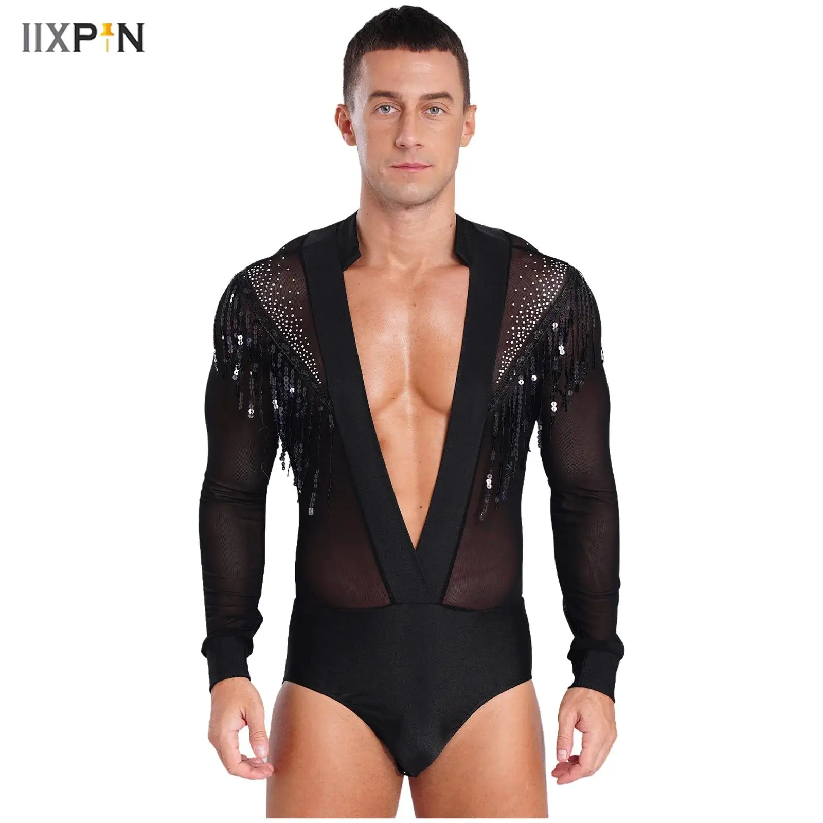 

Mens Tassels Jazz Latin Dance Leotard Deep V-neck Sheer Mesh Patchwork Shiny Sequined Rhinestones Ballroom Shirts Bodysuit Rumba
