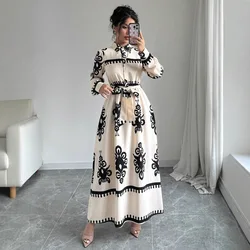 Women's Fashion Spring Autumn Print Long Dress Lace Up Long Sleeve A-line Slim Turn-Down Collar Casual Party Ladies Dress