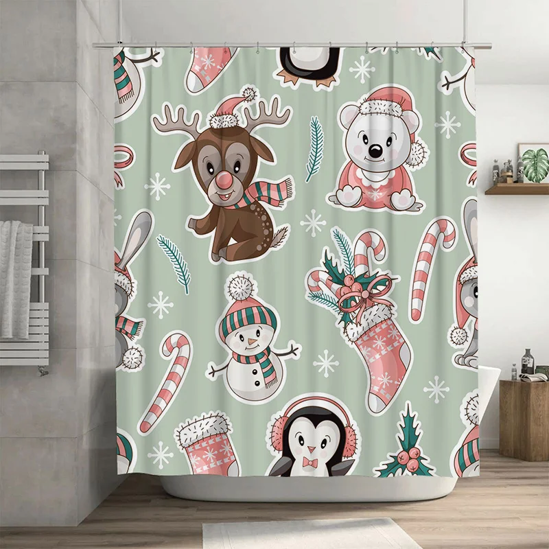 

TU Christmas Shower Curtain Cute Reindeer Snowman Holiday Bathroom Decor Festive Xmas Backdrop Waterproof Home Textile