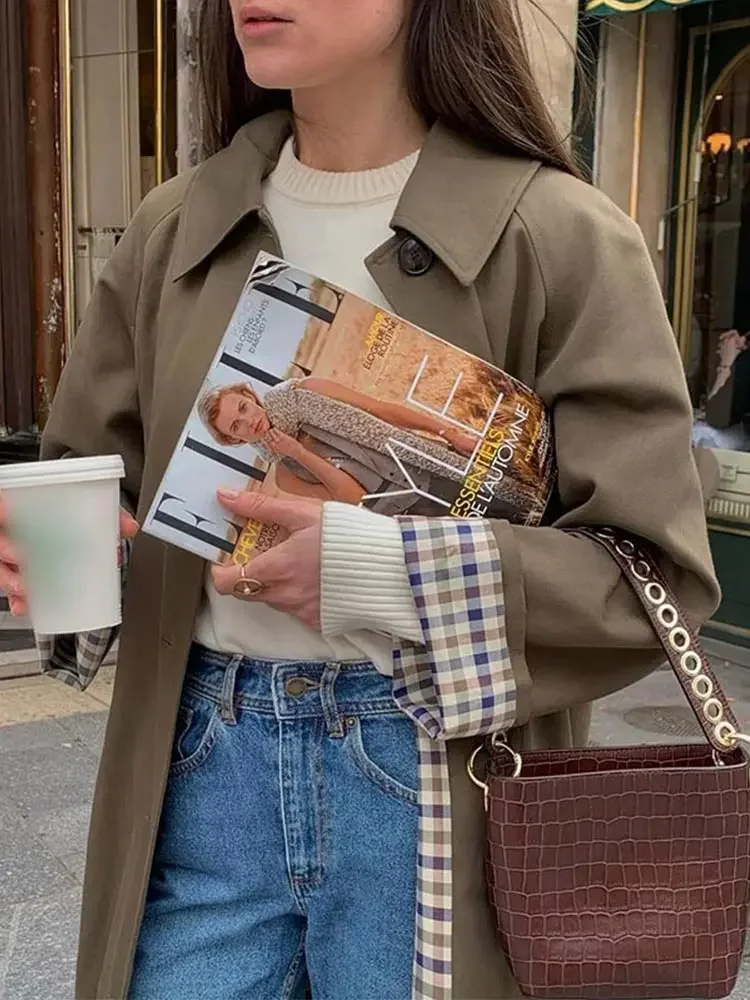 Gabardina larga de manga larga para mujer, cortavientos con solapa de un solo pecho y forro a cuadros, abrigo elegante de calle alta, Otoño, 2024