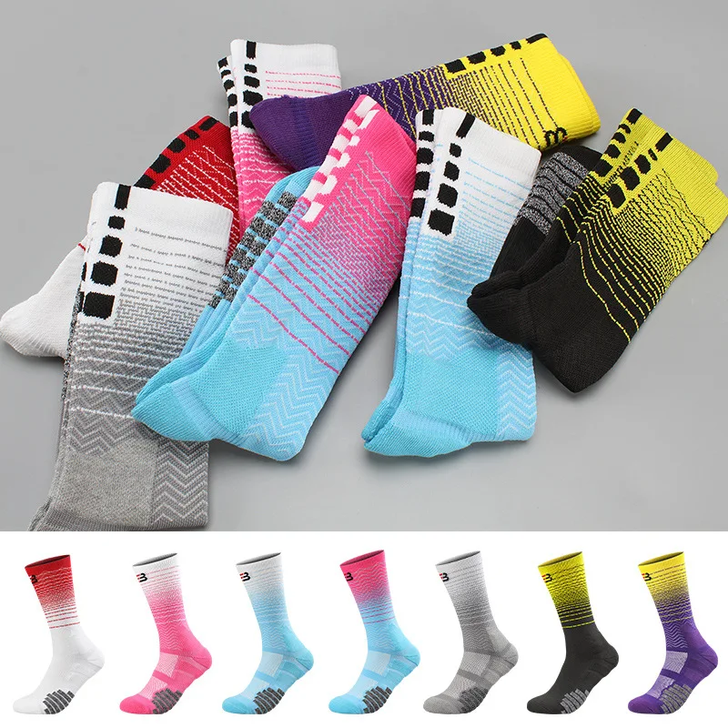 3 Pairs Basketball Socks Men Gradient Crew Running Socks Mid Tube Thick Towel Breathable Training Soccer Football Sports Socks