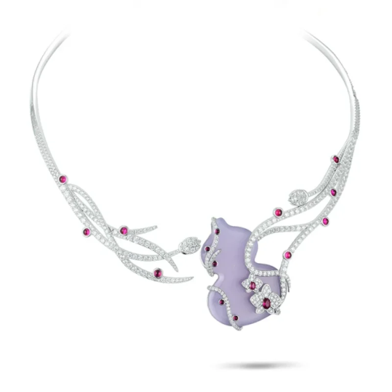 Bellux Open Design Torques 925 Silver Synthetic Zircon Purple Chalcedony Gourd Shaped Ruby Vine Luxury Necklace
