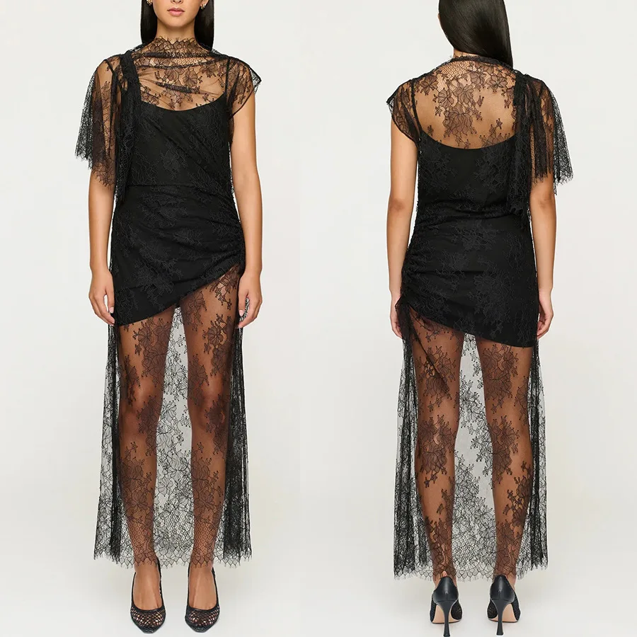 

Streetwear Women's Dresses Black See Through Lace Patchwork Long Dress Irregular Sleeve Solid Color Vestidos 2025 Summer New