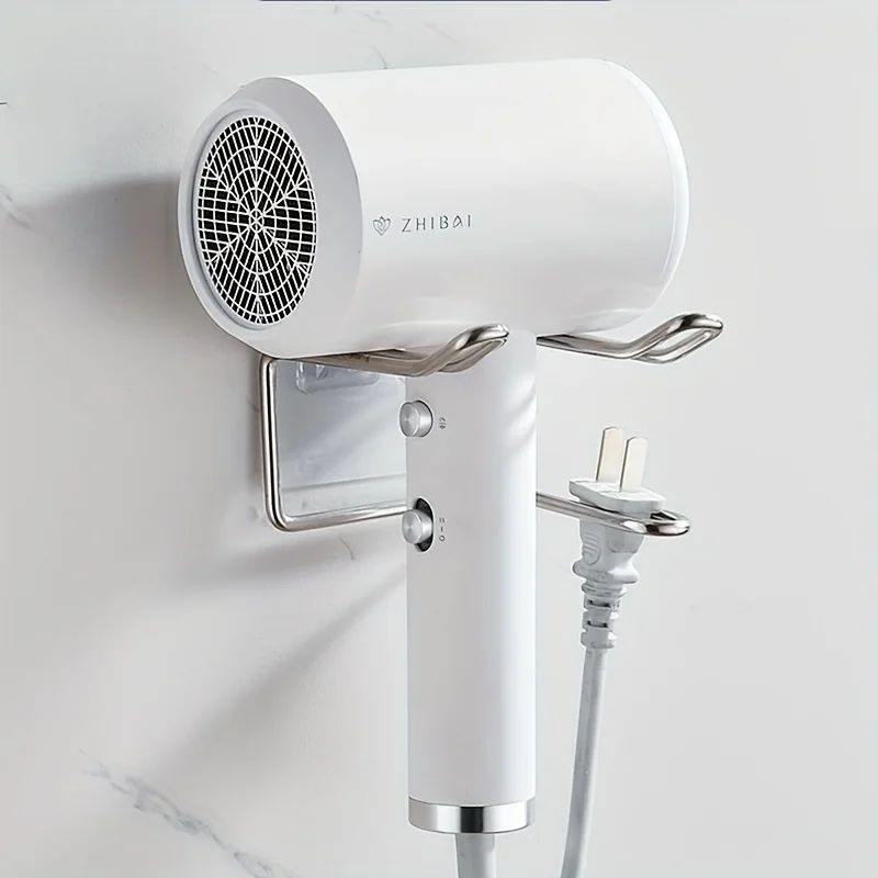 Stainless‑Steel Hair Dryer Holder, No‑Drill Wall‑Mounted Bracket, Space‑Saving Bathroom Storage Rack