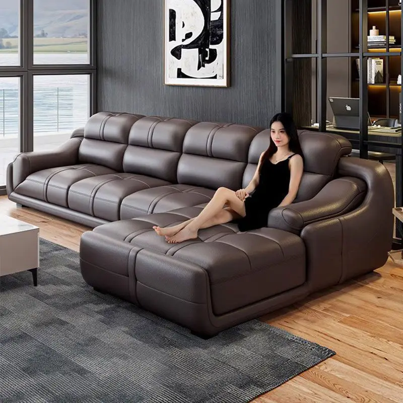 Leather sofa classic combination sofa living room size apartment Nordic left and right concubine leather sofa