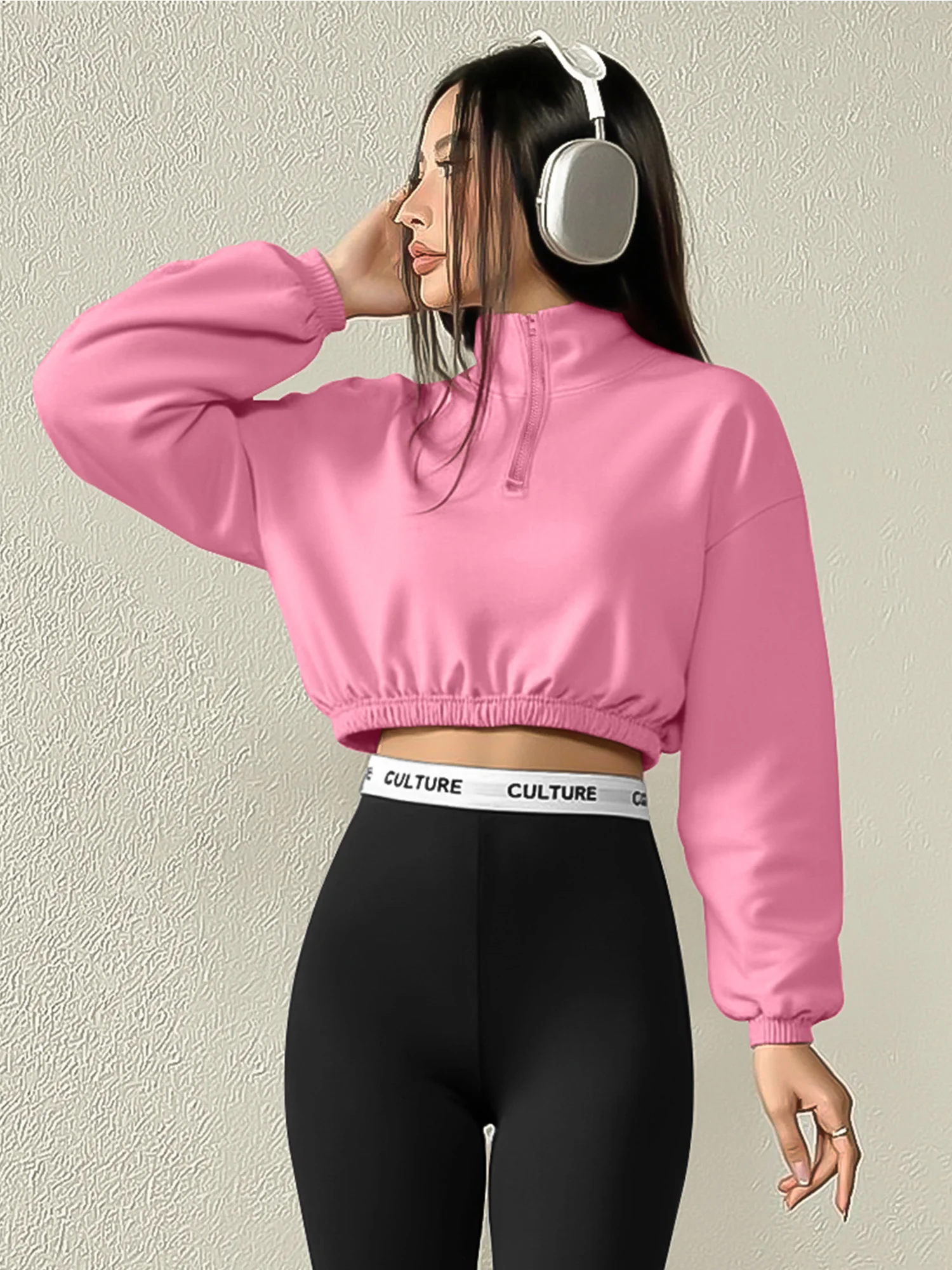 Fashion Women Cropped Sweatshirt Half Zip Stand Neck Drop Shoulder Elastic Hem Casual Loungewear Jogger Pullover Tops