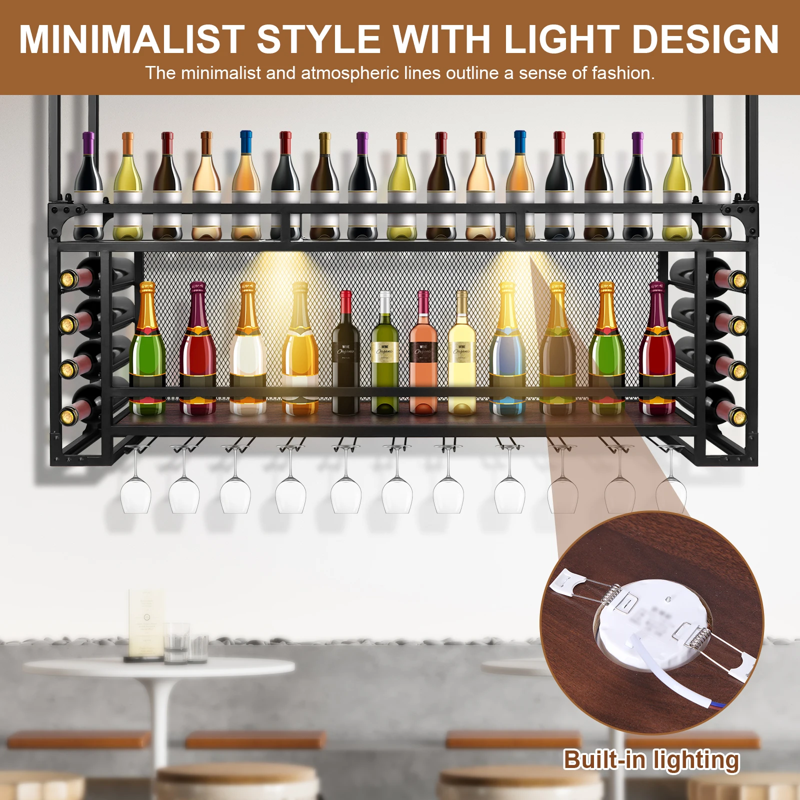

Wall Mounted 2 Tier Wine Rack Simple Type With Light 59.06x21.65x11.81inch For Bar Restaurant Indoor for Kitchen Dining Room Bar