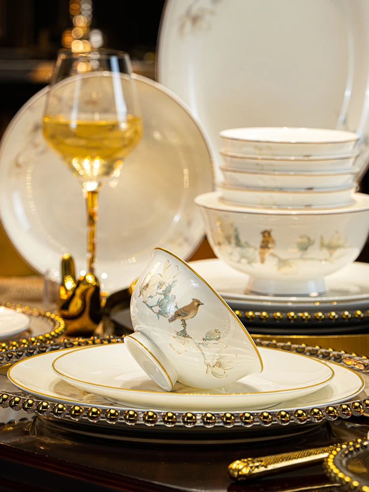 Bone China Tableware Set with Chinese-style Ceramic Bowls and Dishes