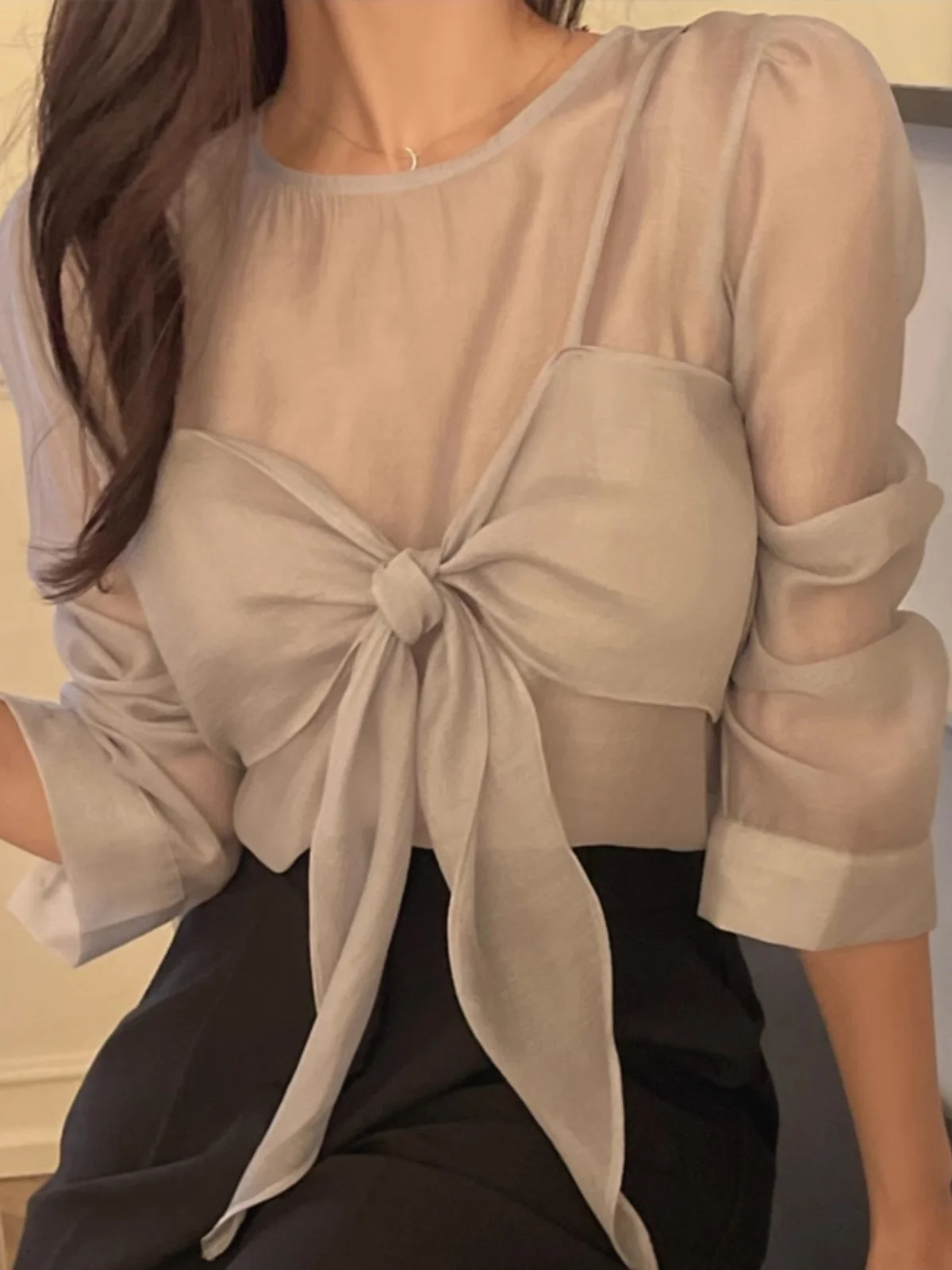 Ele Sweet Sle femmes irt avec sangle à nœud longue Sve faux haut deux pièces coréen trajet couleur Pure coupe ample