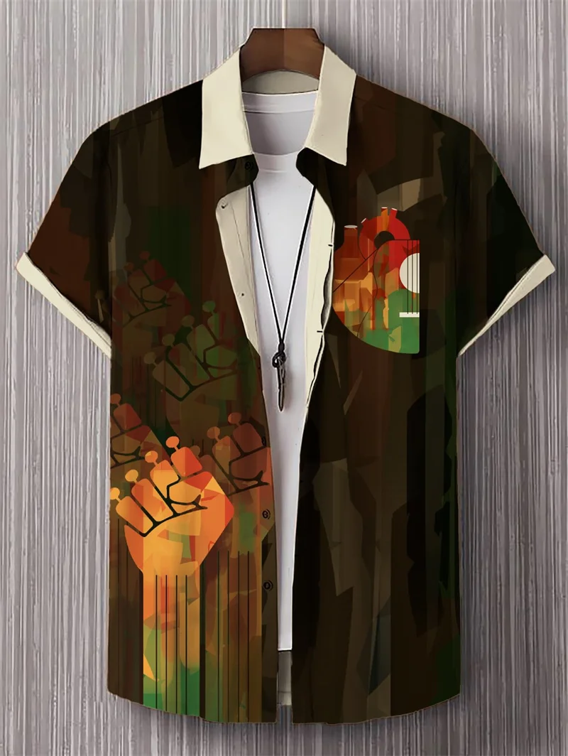 

2025 Summer New Men's Hawaiian Shirt Regular Fit Men's Colorful Guitar Art Pattern Short Sleeve Casual Collar Button Shirt