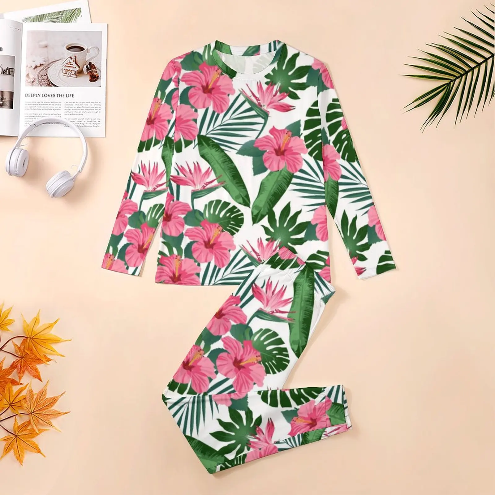 Tropical Leaves Pajamas Daily 2 Pieces Hibiscus Flower Print Retro Pajama Sets Men Long-Sleeve Bedroom Sleepwear Big Size