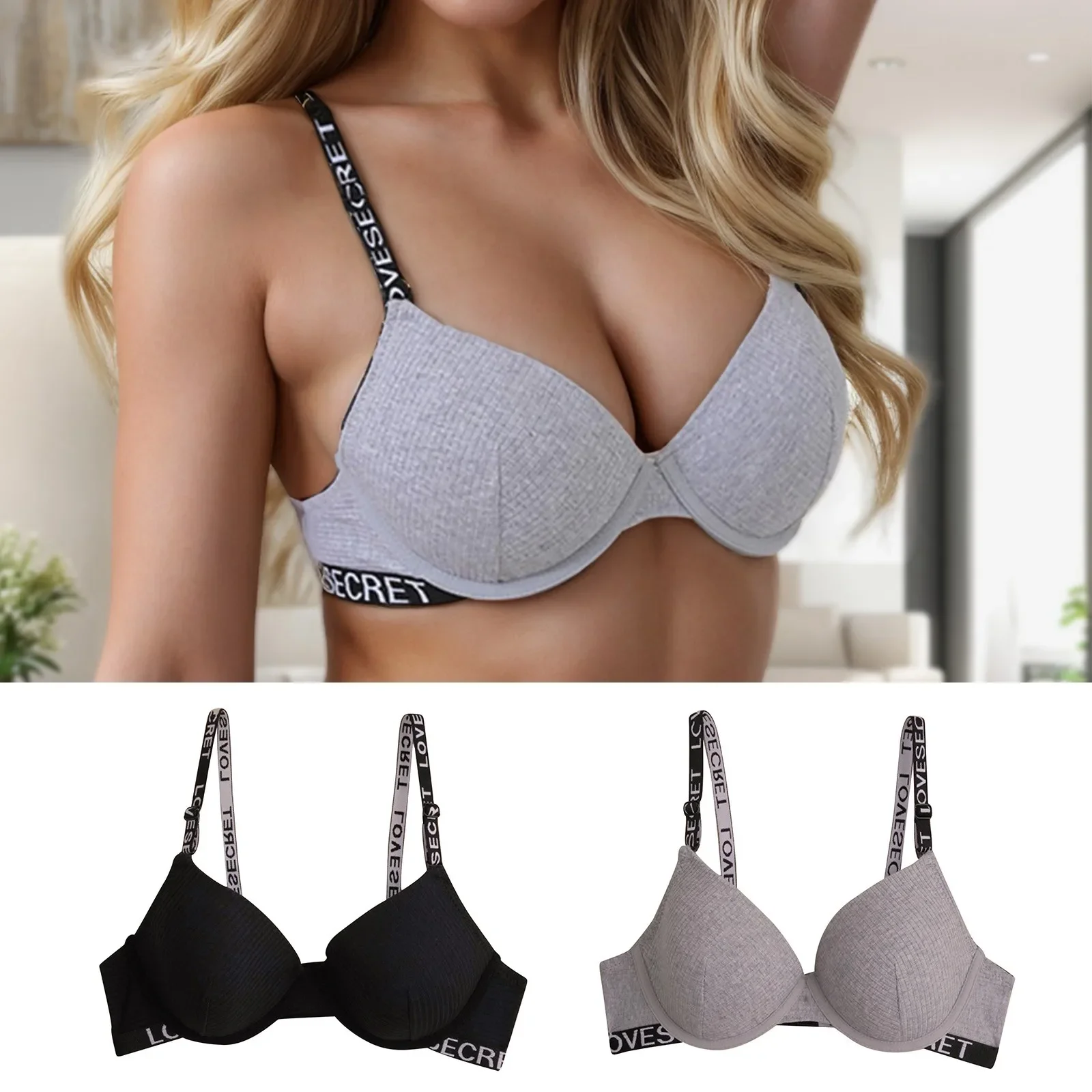 Women's Grey Bra With Letter Band Design 3/4 cup Pull Up Sexy Lingerie Solid Color All Season Brassiere