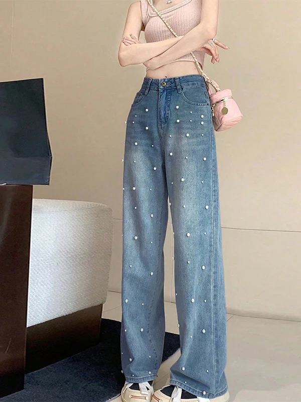 بنطلون جينز نسائي أنيق على الطراز الكوري مزين باللؤلؤ واسع الساق ضيق القص صيفي عصري مستقيم الساق
