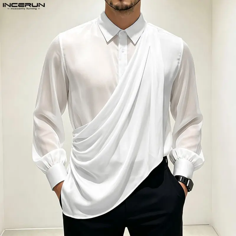 INCERUN Men Irregular Shirt Solid Color Lapel Long Sleeve Loose Men Clothes Streetwear Elegant 2026 Fashion Casual Tops For Man
