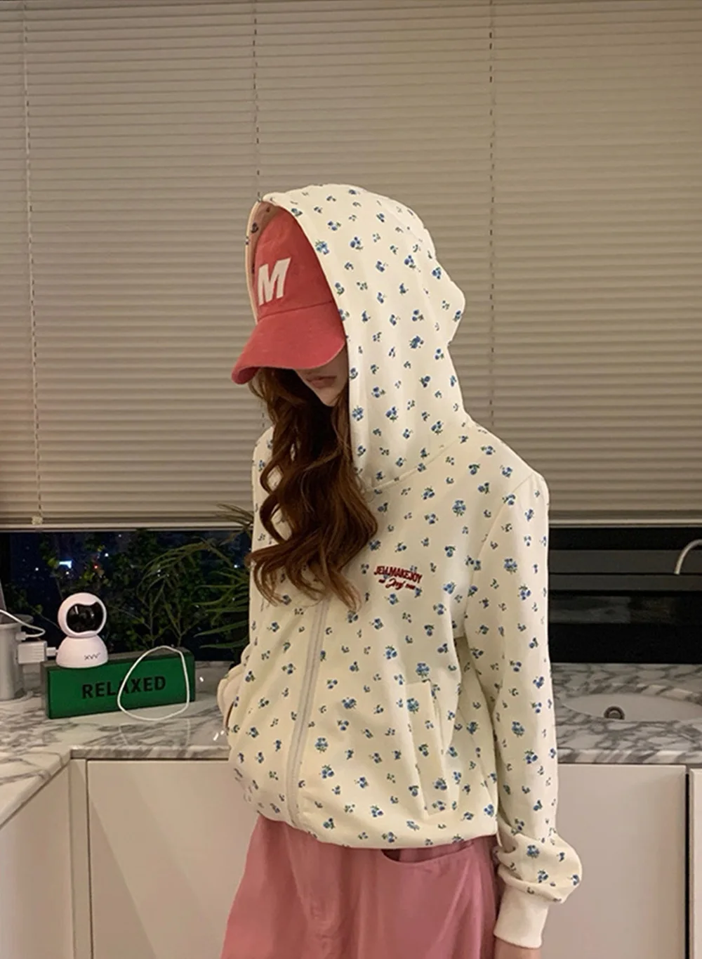 アメリカンレトロ花柄フード付きジャケット女性特大カレッジカーディガンスウェットシャツ秋冬ルーズカジュアル長袖トップ