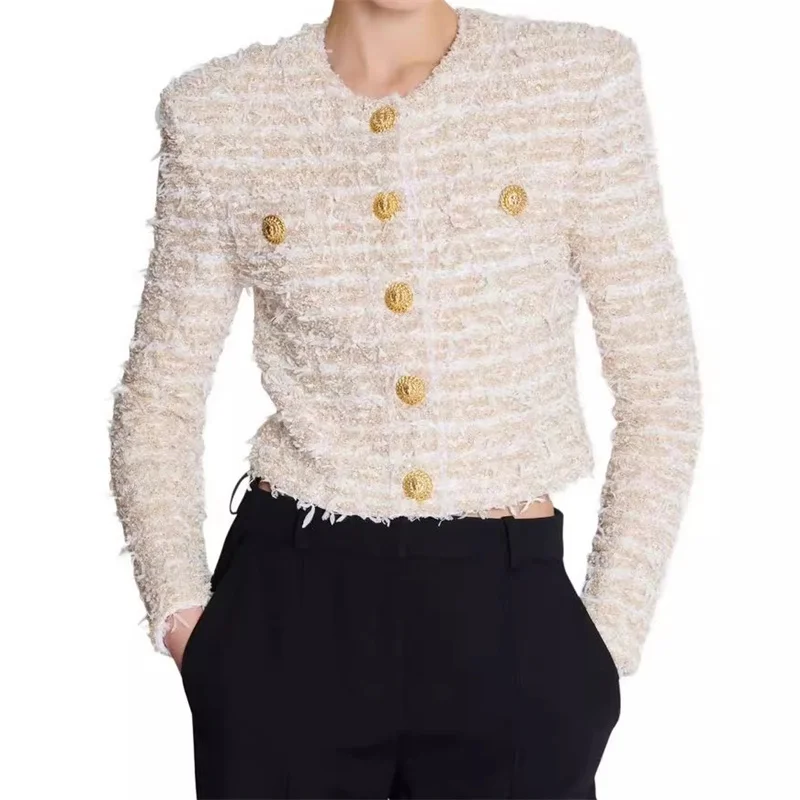 Women's jackets Spring 2025 New Gold Yarn Blended Women's Long Sleeve Top Short slim blazer Metal button decoration Women's coat