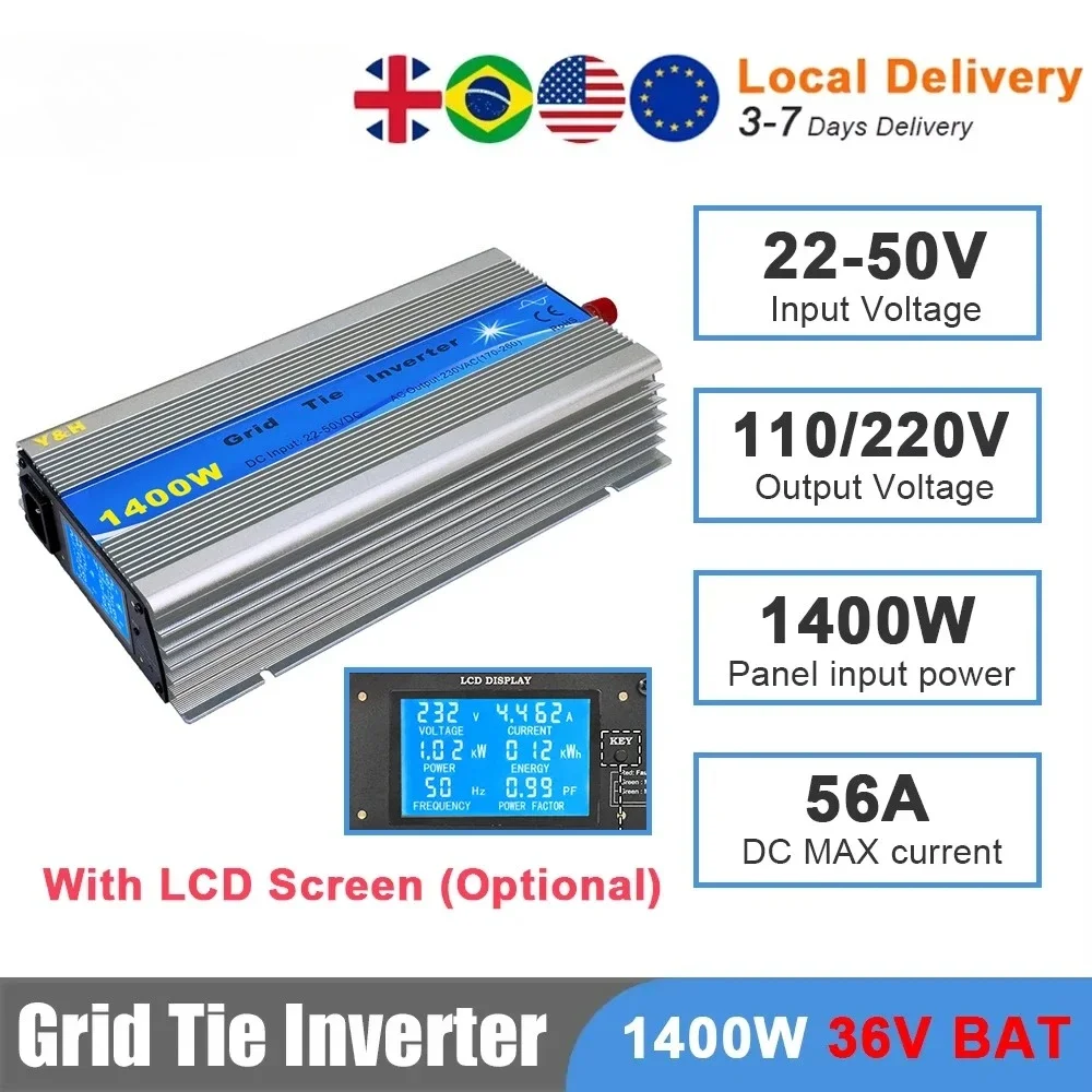 1400W Grid Tie Solar Inverter DC22-50V to AC110V/220V MPPT Pure Sine Wave Converter 36V Battery Discharge Mode Optional LCD