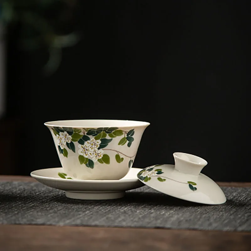 

Ceramic Handmade Kung Fu Zen Gaiwan, Creative Hand-painted Chrysanthemum Tea Set, Office Tea Bowl with Saucer, Drinkware