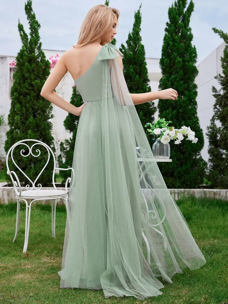 Elegant Evening Dresses Romantic One Shoulder Bowknot Streamer Tulle 2024 Ever Pretty of Mint Gree Bridesmaid Dress