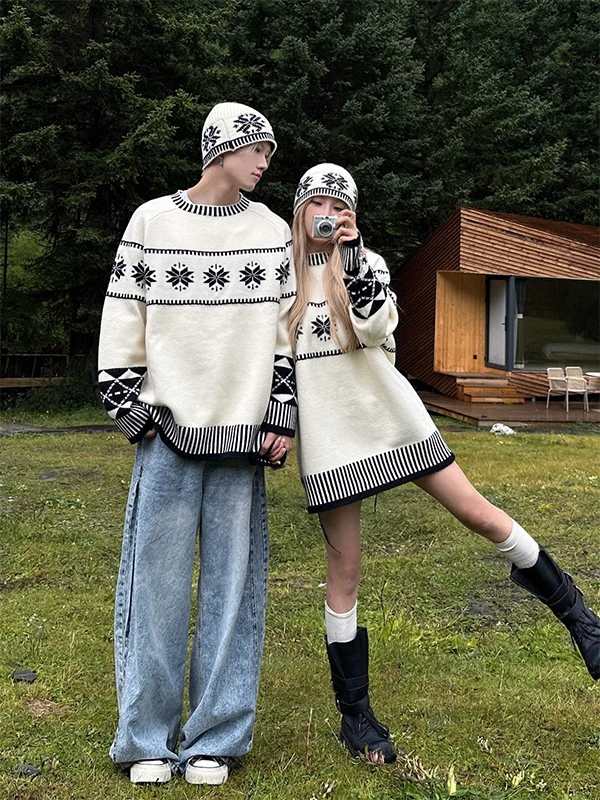 

Loose Nordic Sle Cisas Snowflake Knitted Sweater Couple Matching Autumn Winter Casual Wear Comfortable Midweight Fce