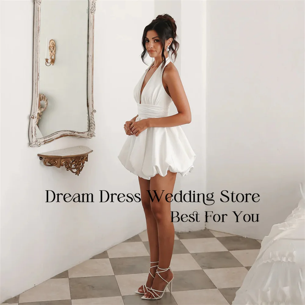 DREAM Halter A-Line Abiti da sposa corti Piega in raso con scollo a V senza maniche Backless Semplice abito da sposa Abiti da sposa personalizzati