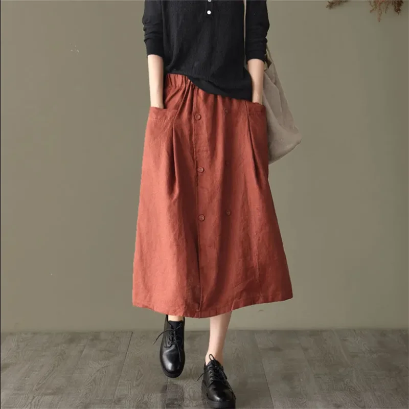 

Cotton Linen Skirt For Women Half Length Skirt Solid Color Art Woman Skirts Loose Casual A-line Skirt High Waisted Female Skirts