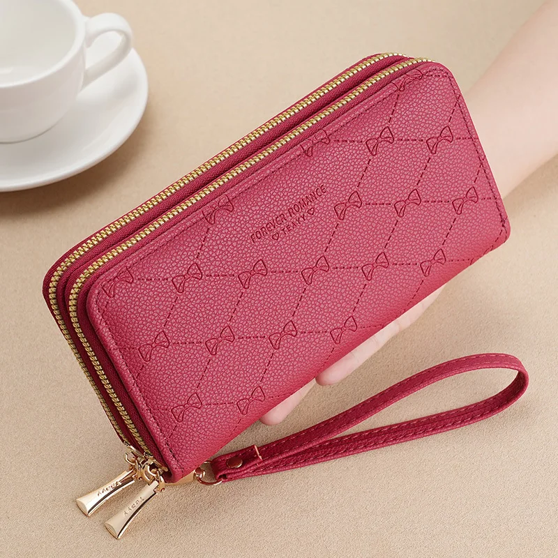 Women PU Leather Long Wallet Ladies Double Zipper Clutch Purse with Wrist Strap Large Capacity Card Holder Phone Pocket Money