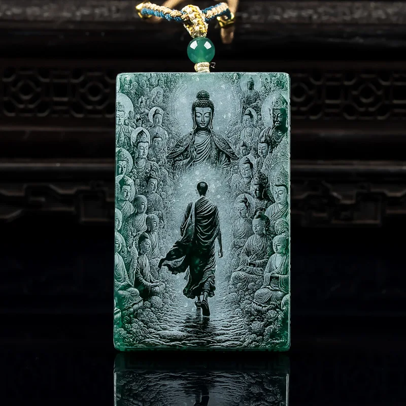 

Natural A-grade Jade Buddha Brand Blue Water Material Double sided Precision Shadow Carving High Ice Jade Pendant temperament
