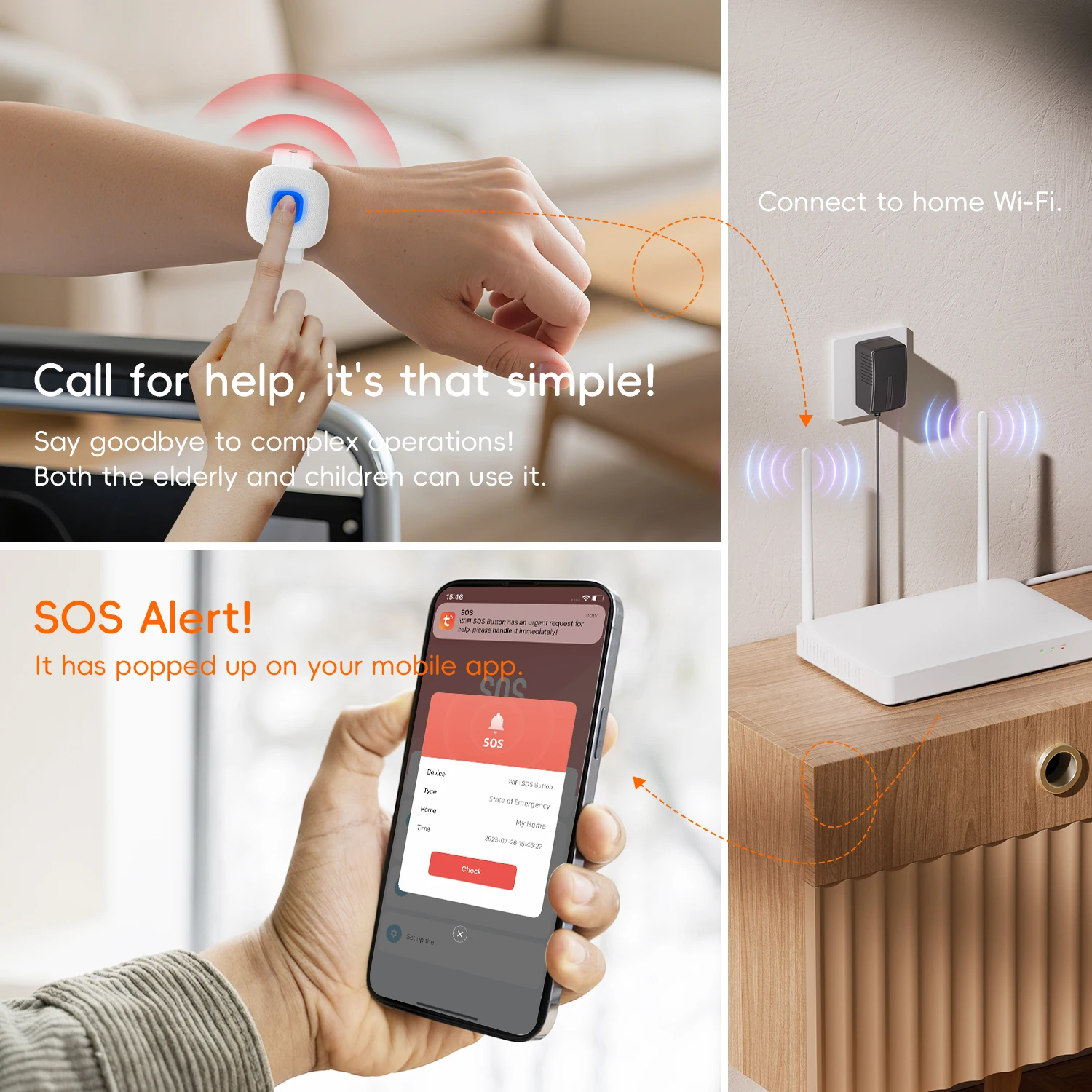 ساعة ذكية Tuya WiFi لاسلكية SOS زر الذعر زر اتصال الطوارئ لكبار السن والأطفال والمرضى تنبيه السلامة والمساعدة في المنزل