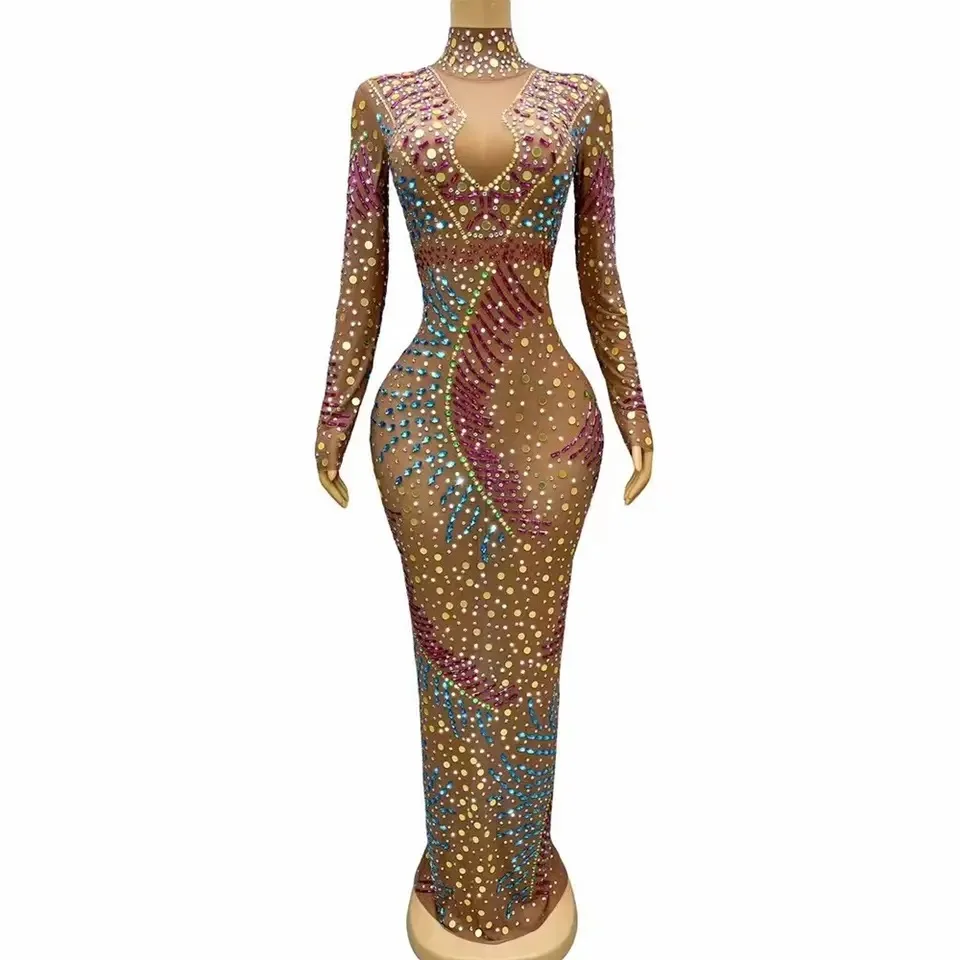ชุดราตรีวันเกิดปาร์ตี้คลับเครื่องแต่งกายผู้หญิง Sparkly Rhinestone ดูผ่านตาข่ายยืดหยุ่นผู้หญิงชุดยาว