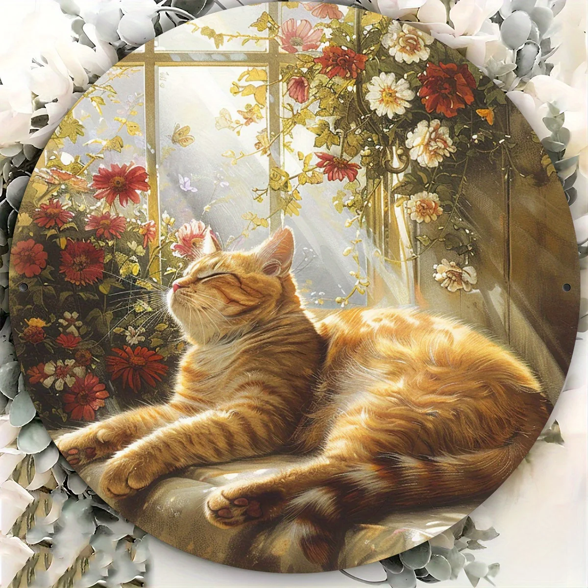 **Metallschild „Ginger Tabby Cat in Sunlight“ – rostfrei mit floraler Fensteransicht, Innen-/Außendekoration als Geschenk für Katzenliebhaber zu Hause