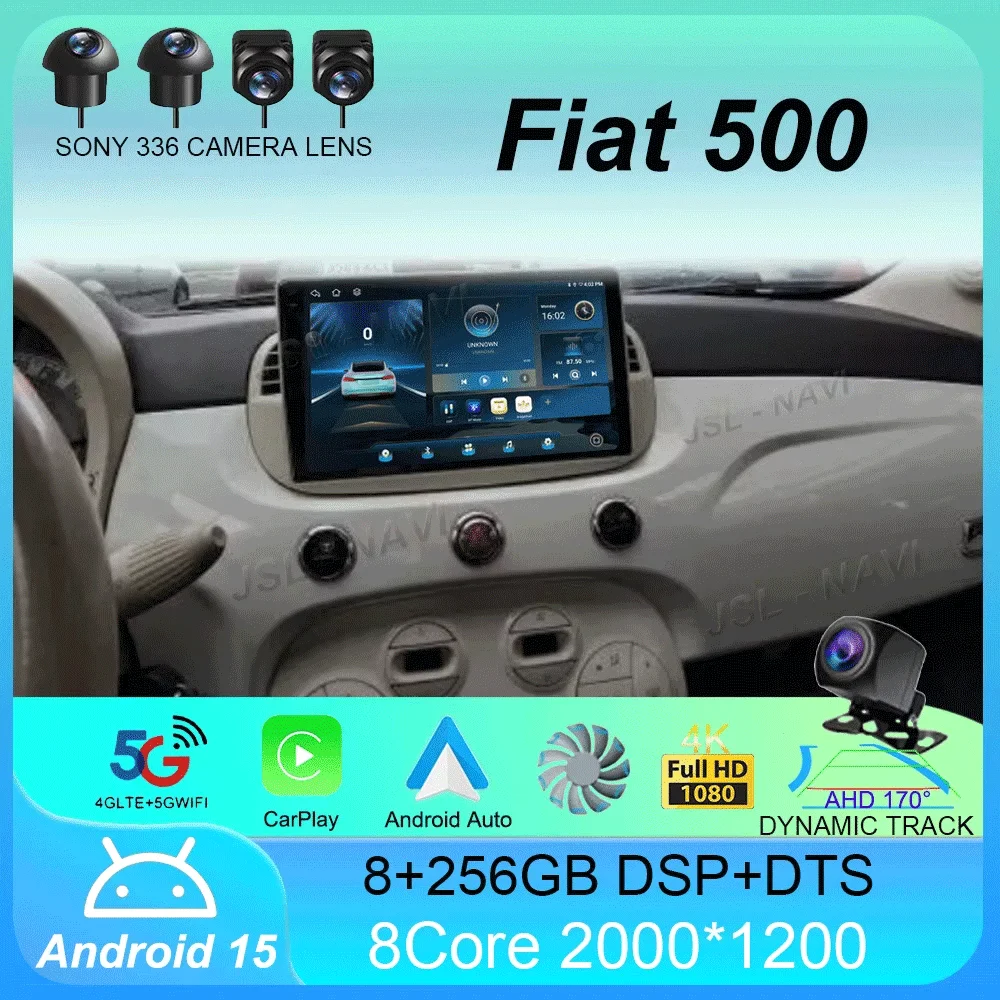 

Car Radio Android 15 For Fiat 500 Navigation GPS Multimedia Player stereo 5GWiF+4G SIM BT wireless auto Carplay 360 Camera 2 DIN