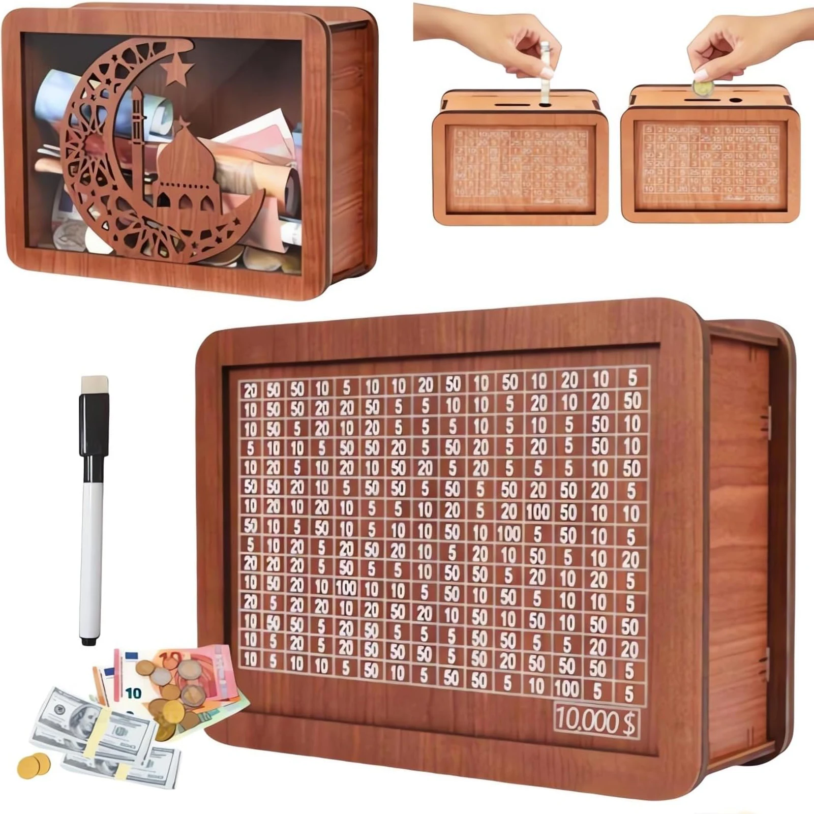 

Portable Wooden Cash Saving Box with Pen Reusable Money Box Wood Cash Banks suitable for Collecting Cash Saving container