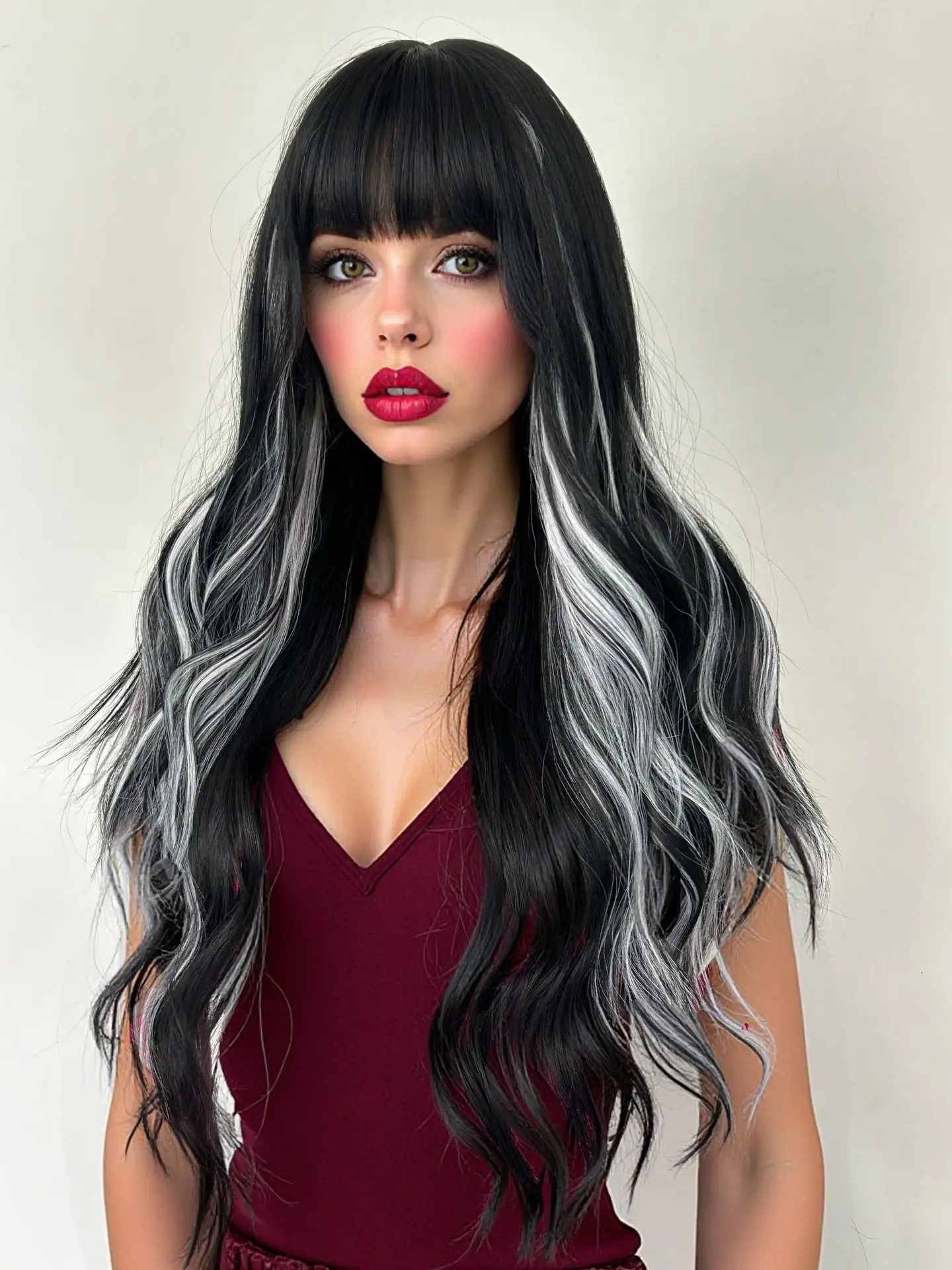 วิกผมสังเคราะห์ผมยาวหยิกเป็นลอนสีดำและสีขาว ลอนใหญ่ สำหรับใช้ในชีวิตประจำวัน งานปาร์ตี้วันหยุด ฮาโลวีน พร้อมที่คาดผมเข้าชุด