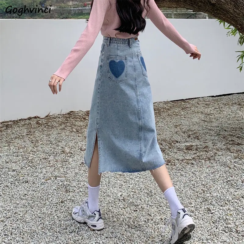 Women Denim Skirts Harajuku Midi Side-slit Heart Slim Retro Teenagers Fashion Popular S-4XL Buttocks High Quality Daily Chic Ins