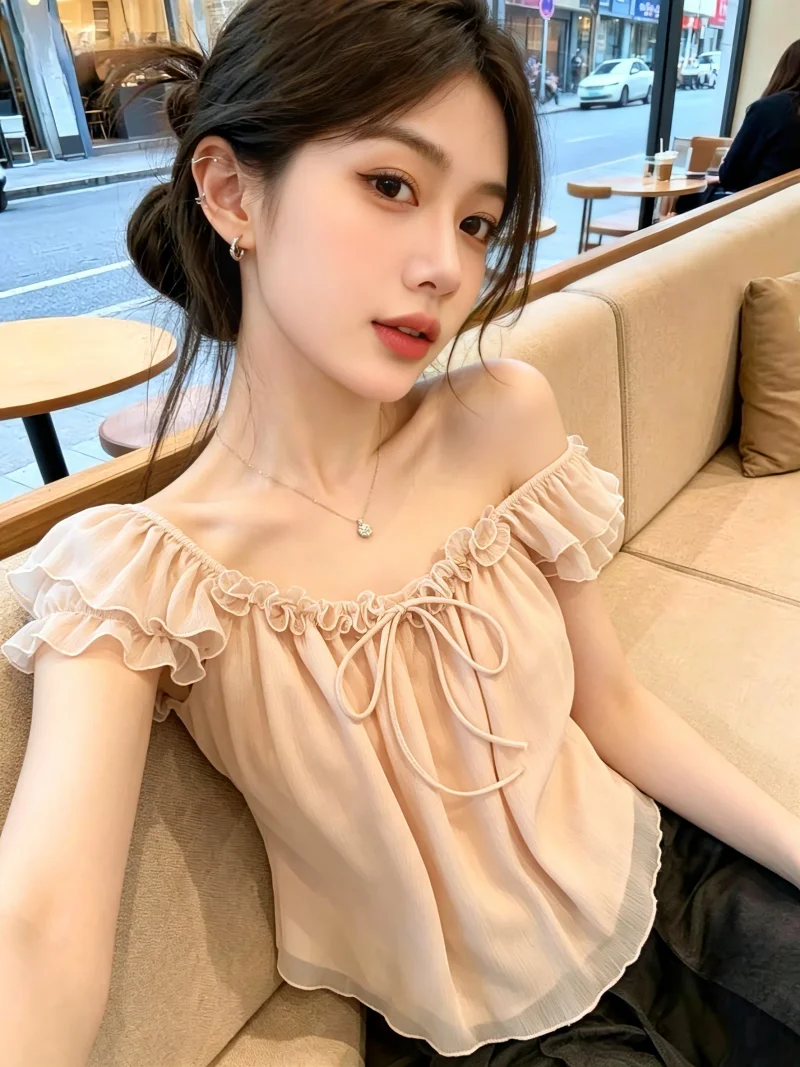 

Summer New Style Beautiful Sweet Thin Women's Chiffon Shirt Self-Reserved Hem Tie Korean Version Straight Tube Top