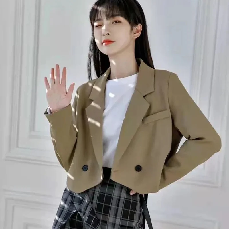 2024 Autumn Fashion Cropped Blazer Womens Elegant Single Button Office Blazers Woman Korean Long Sleeve Short Jackets Ladies