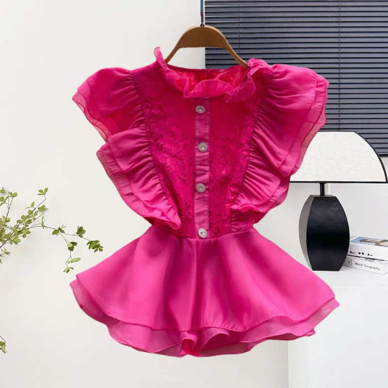 

Black,New,Summer,Korean,Style,Chiffon,Blouse,Fashion,Sexy,Stand,Patchwork,Lace,3D,Ruffles,Women,Sleeveless,Pullover,Tops,562505