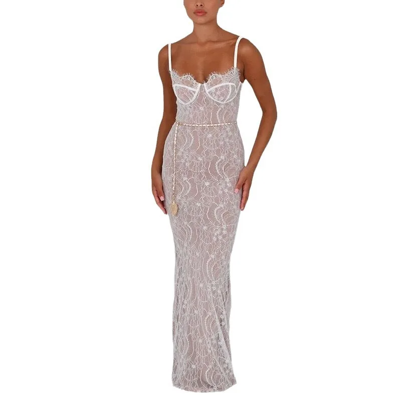 Sexy See Through Backless Lace Maxi Dress Women Off Shoulder Sleeveless Sling Long Robes 2023 Autumn Ladies Party Club Vestidos