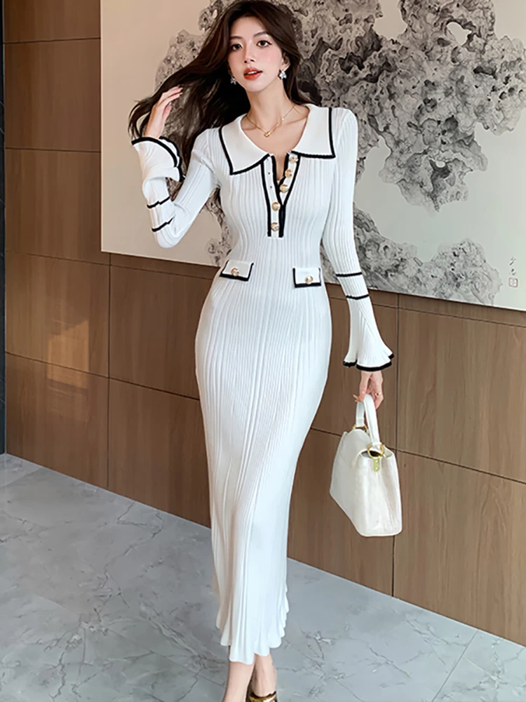 

White Knitted Long Sleeve Polo Collar Casual Long Dress Women Autumn Winter Elegant Ruffled Sweater Dress 2025 Luxury Prom Dress